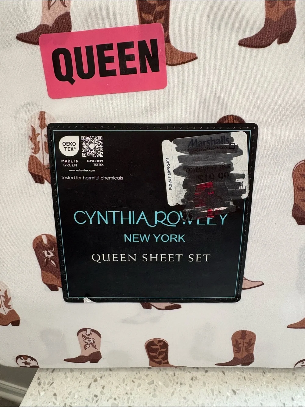 NEW Cynthia Rowley White Sheet Set with Brown Cowboy Boot Print- Queen size